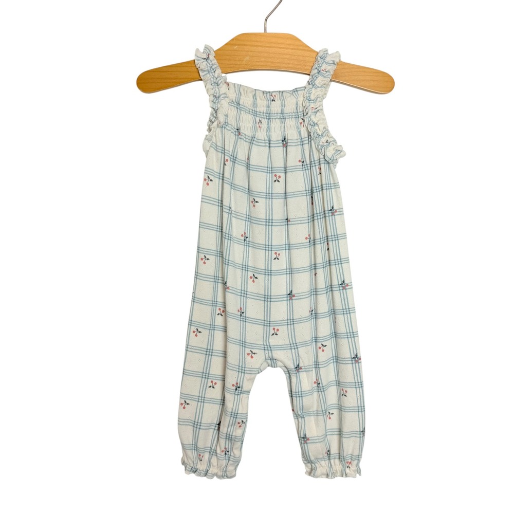 Modern Moments by Gerber Baby Girl Plaid Cherry Smocked Romper Blue White 3-6M